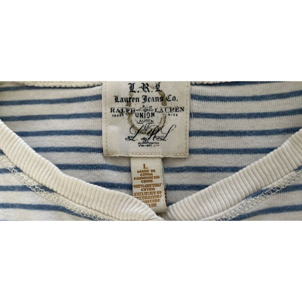 Lauren Jeans Cotton Henley T-Shirt Blue White Stripes Pockets Short Sleeve - Picture 5 of 6